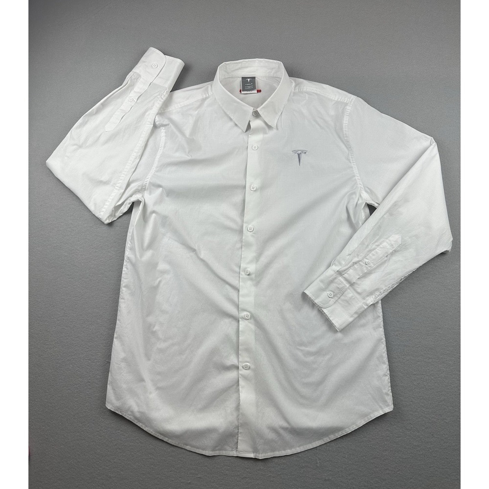 Tesla Shirt Mens Large White Cotton Blend Button Up Long Sleeve Logo Employee